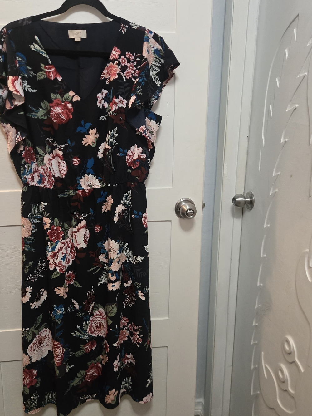 LOFT Navy Floral Midi Dress with Pink, Red & Blue Blooms